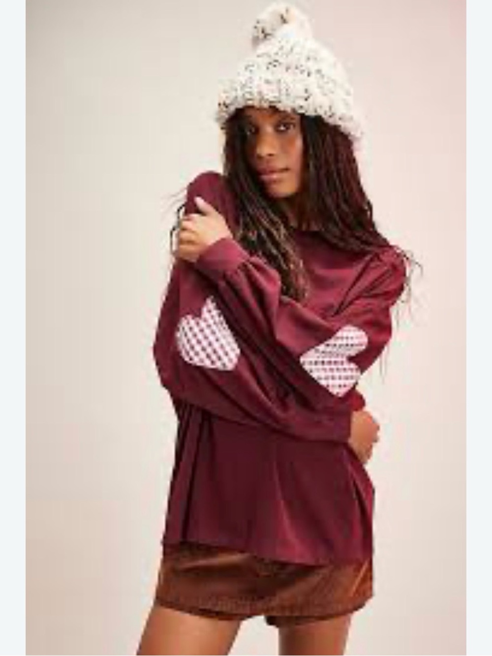NEW Daydreamer Women’s Gingham Maroon Heart-Elbow Patch Long Sleeve Top